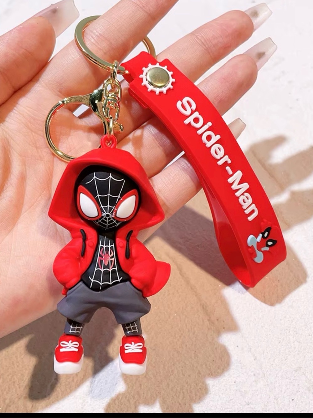 Spider-Man Marvel Keychain Red Hoodie Miles Morales Figure Lanyard Key Ring